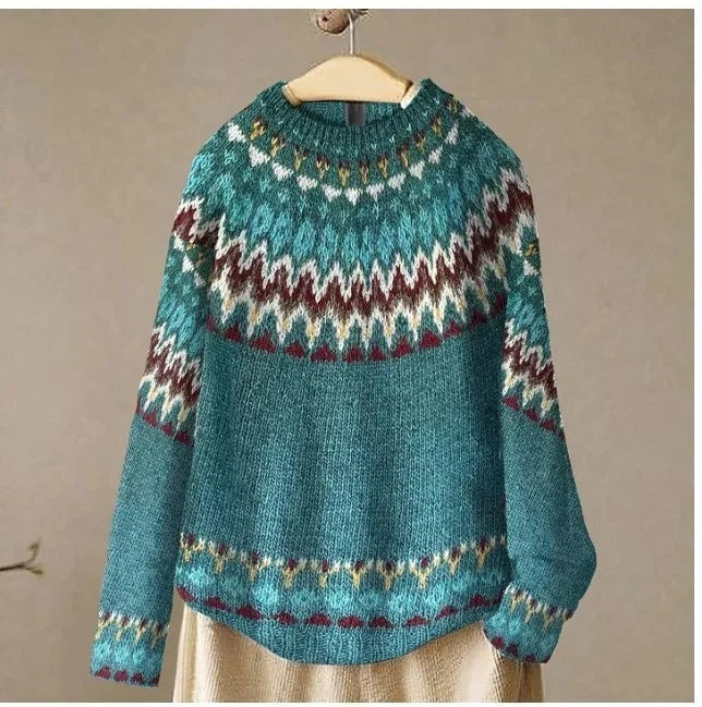 Victoria Fair Isle Crew Neck Women's Knitted Sweater with Geometric Pattern
