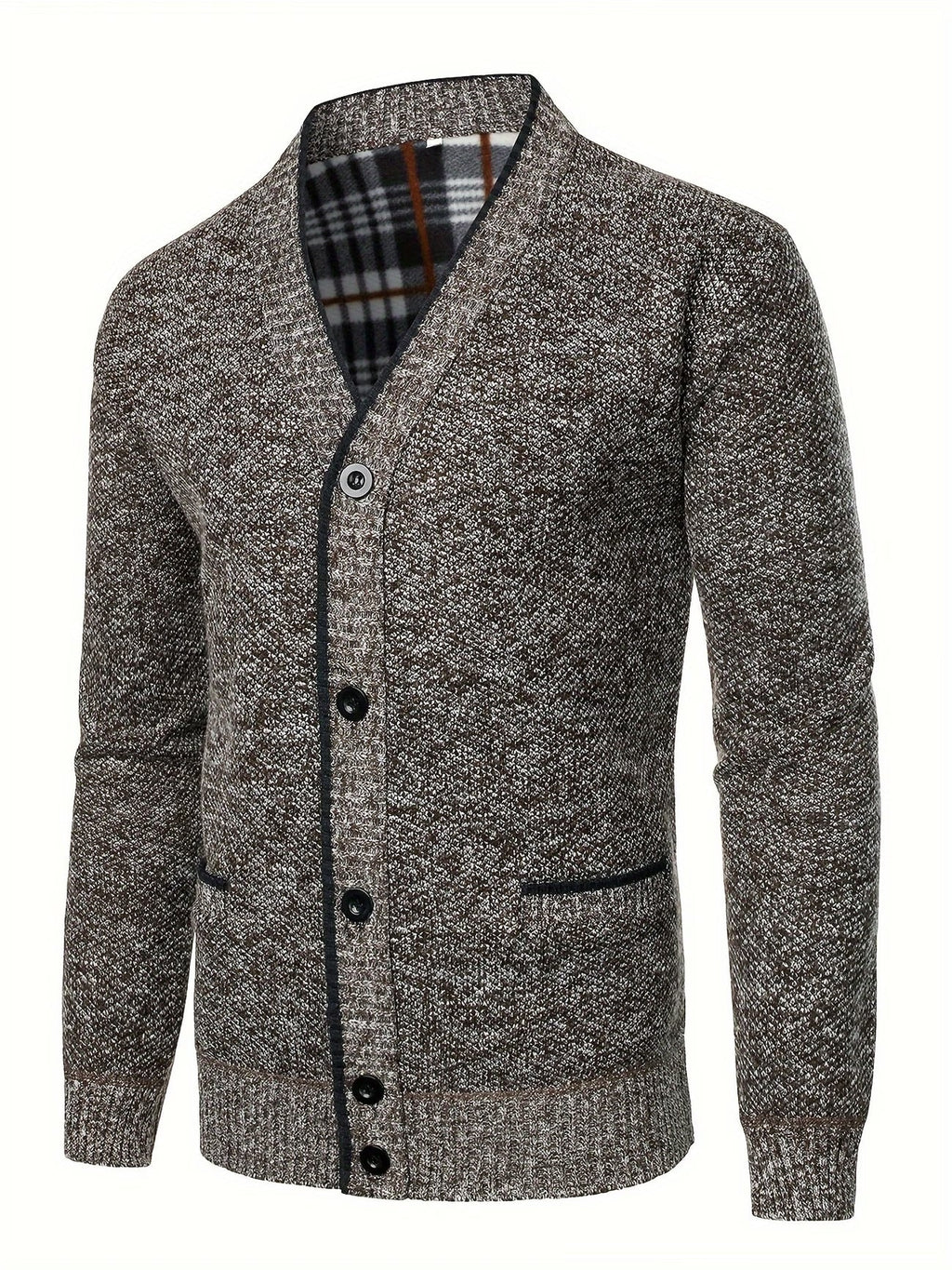 Men's Knit Button-Up Cardigan with V-Neck Collar and Plaid Fleece Lining