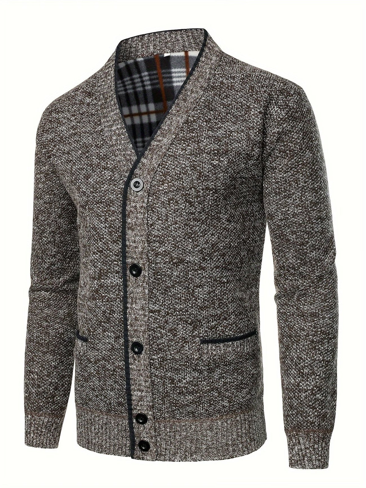 Men's Knit Button-Up Cardigan with V-Neck Collar and Plaid Fleece Lining