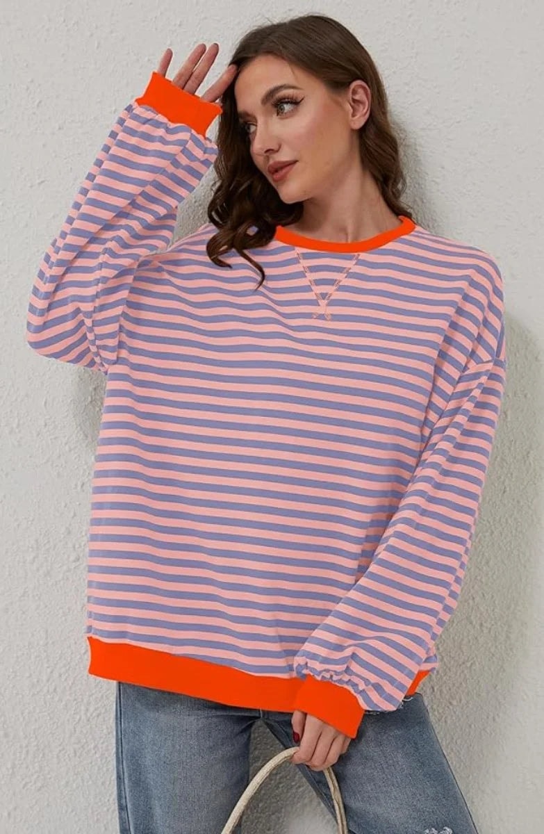 Women's Oversized Striped Long-Sleeve Sweater with Contrast Trim and Crew Neck