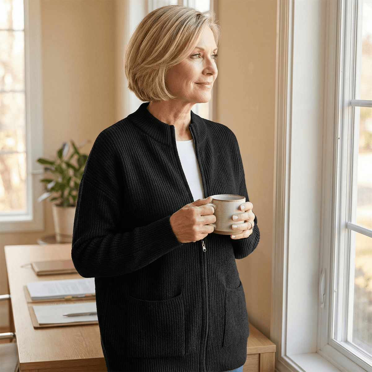 Covena Women's Ribbed Knitted Cardigan Sweater with Zip-Up Pockets