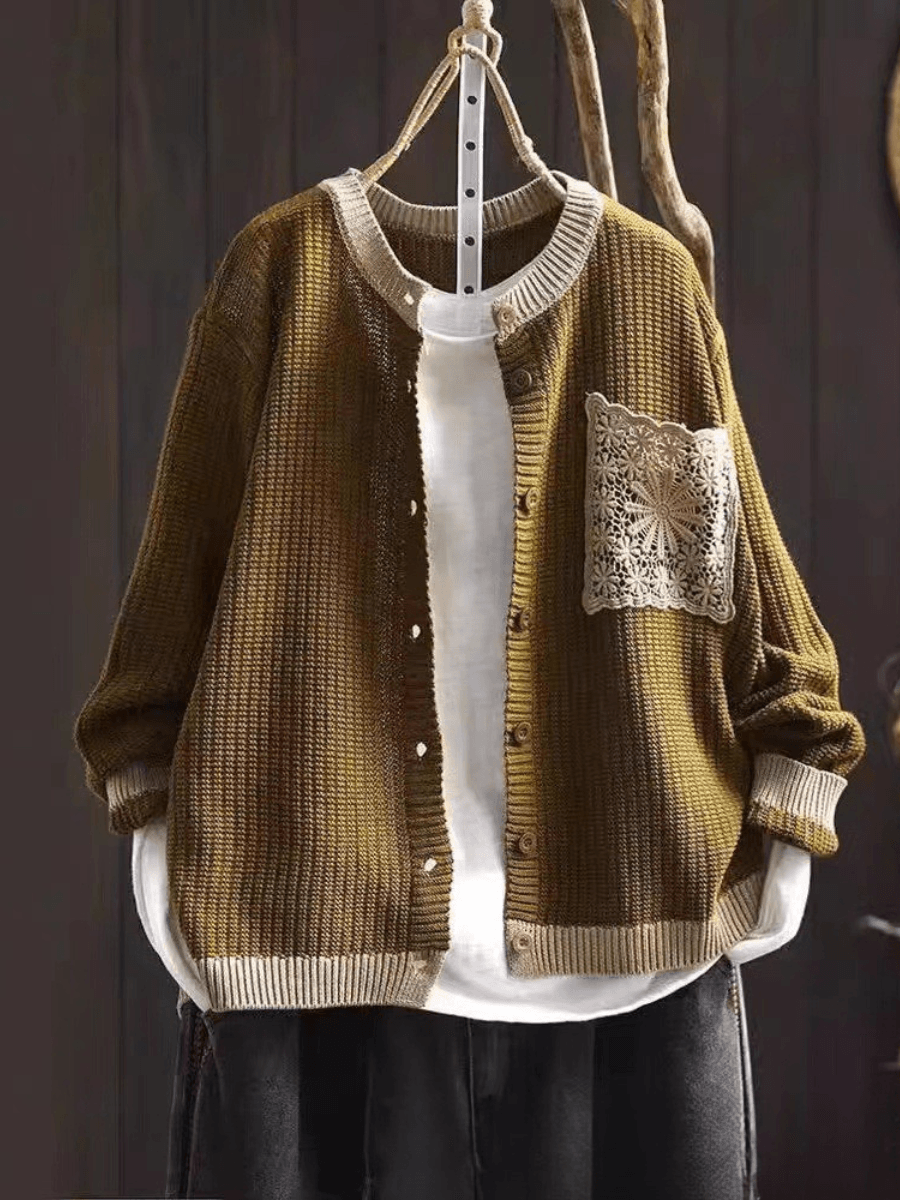 Women's Cardigan in Textured Knit with Lace Chest Pocket and Button Front