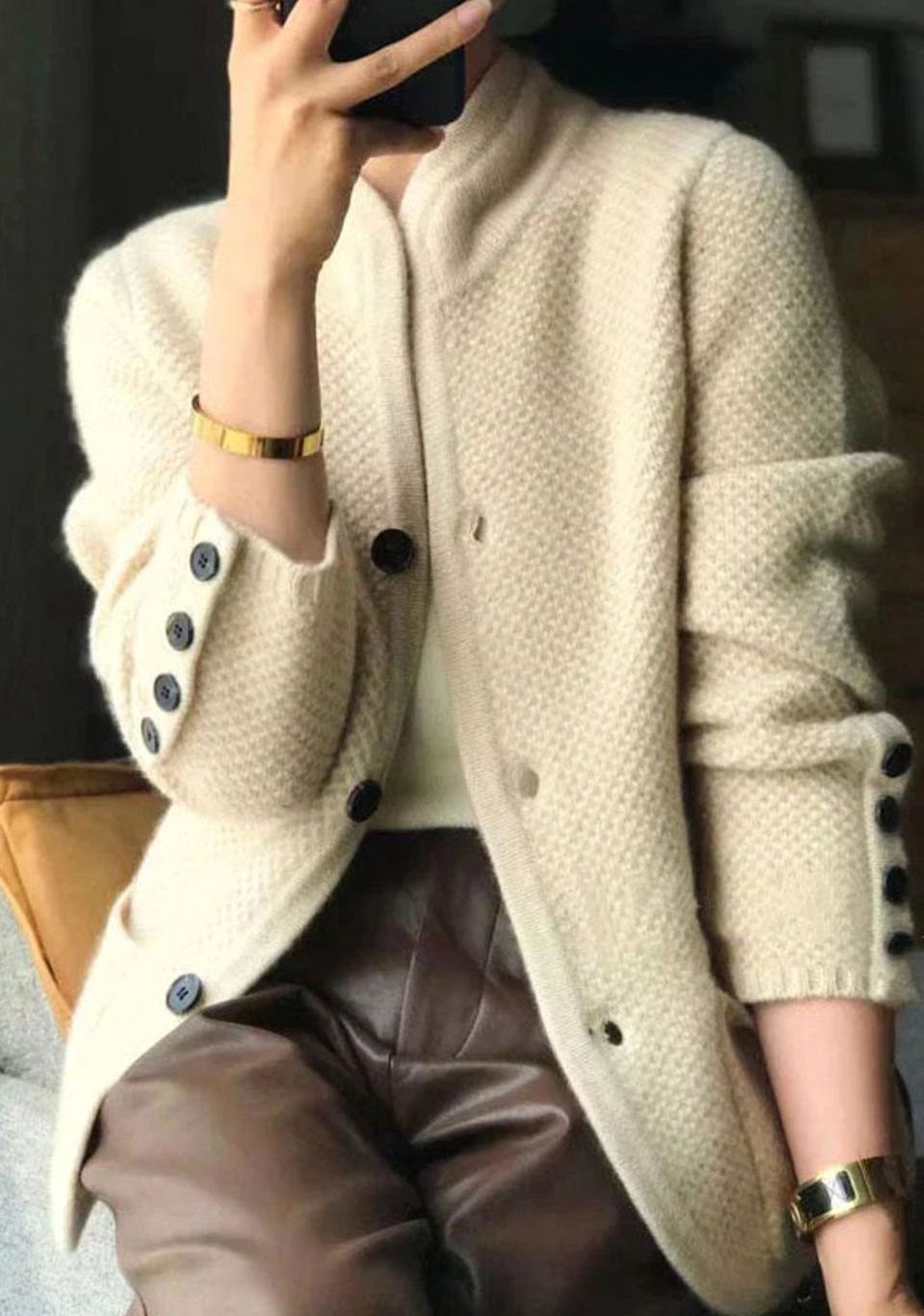 Women's Stand-Collar Cardigan in Textured Knit with Button Cuffs