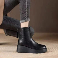 Women's Heeled Leather Platform Ankle Boots with Retro Round Toe and Back Zip