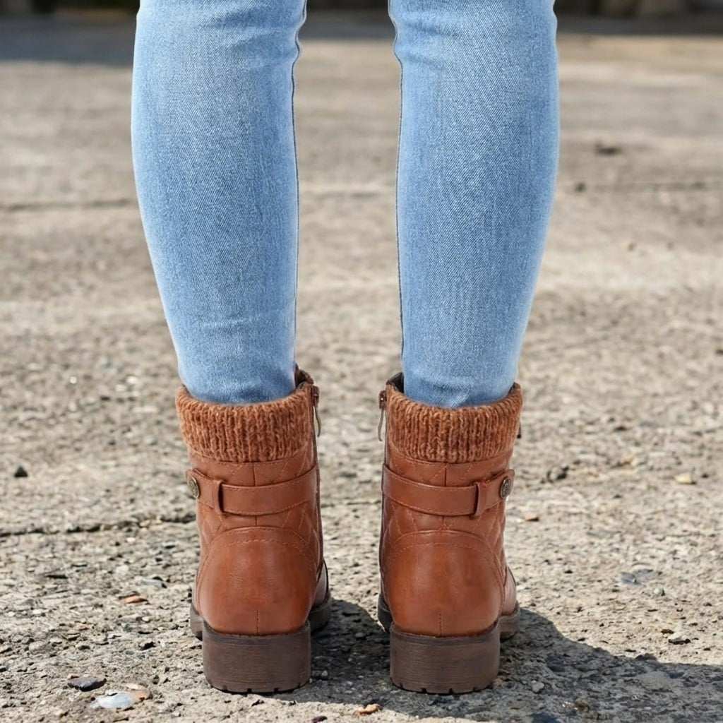 Women's Quilted Lace-Up Ankle Boots with Side Zip and Block Heel