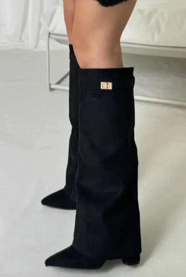 Women's Pointed-Toe Fold-Over Knee-High Boots with Block Heel and Turn-Lock Detail