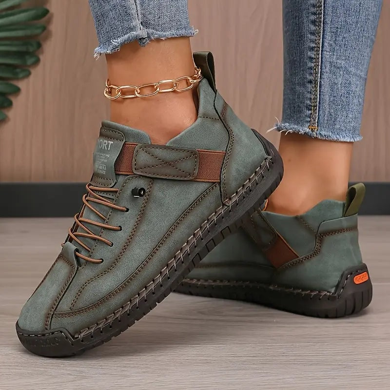 Women's Leather Lace-Up Sneakers with Adjustable Strap for Comfort