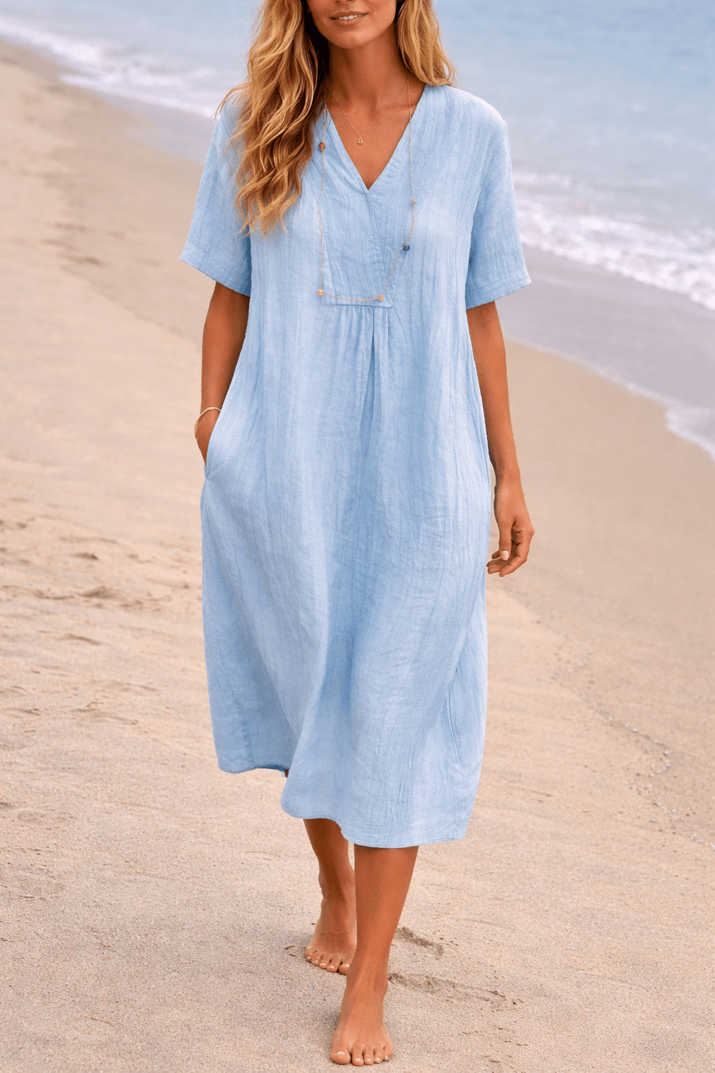 Relaxed Linen Midi Dress with V Neck for Fall Dresses for Women