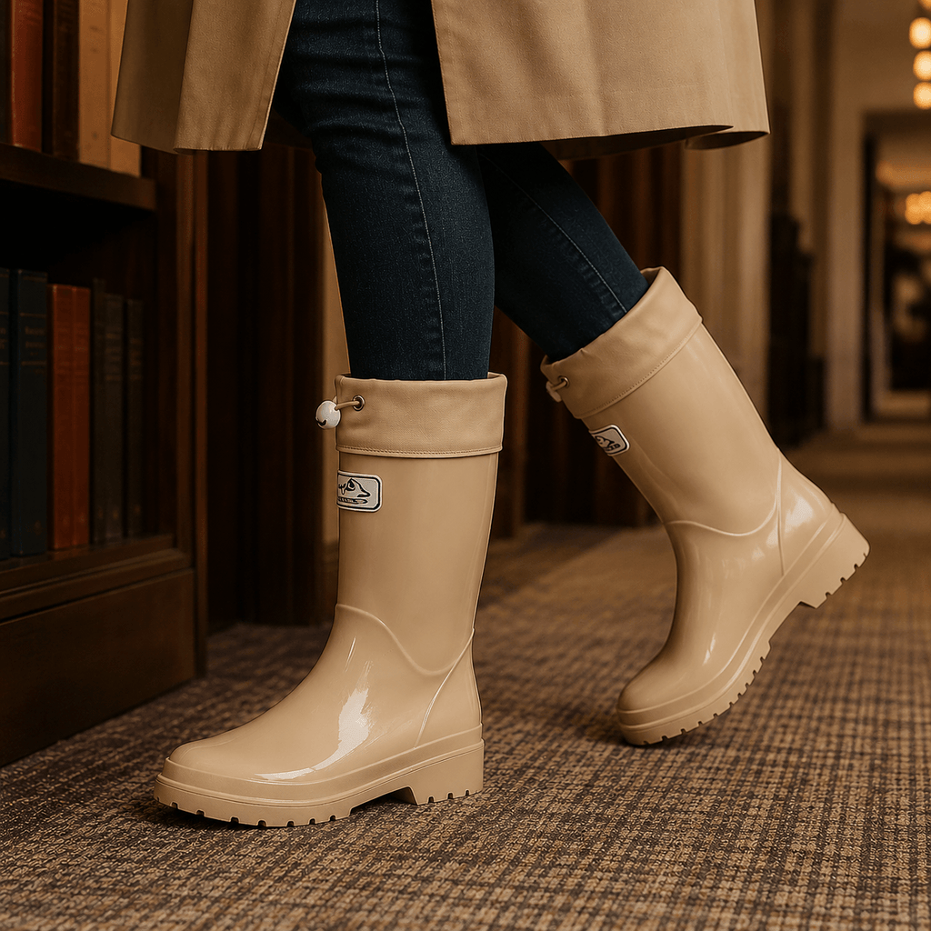 Knee-High Glossy Rubber Rain Boots with Drawstring Cuff