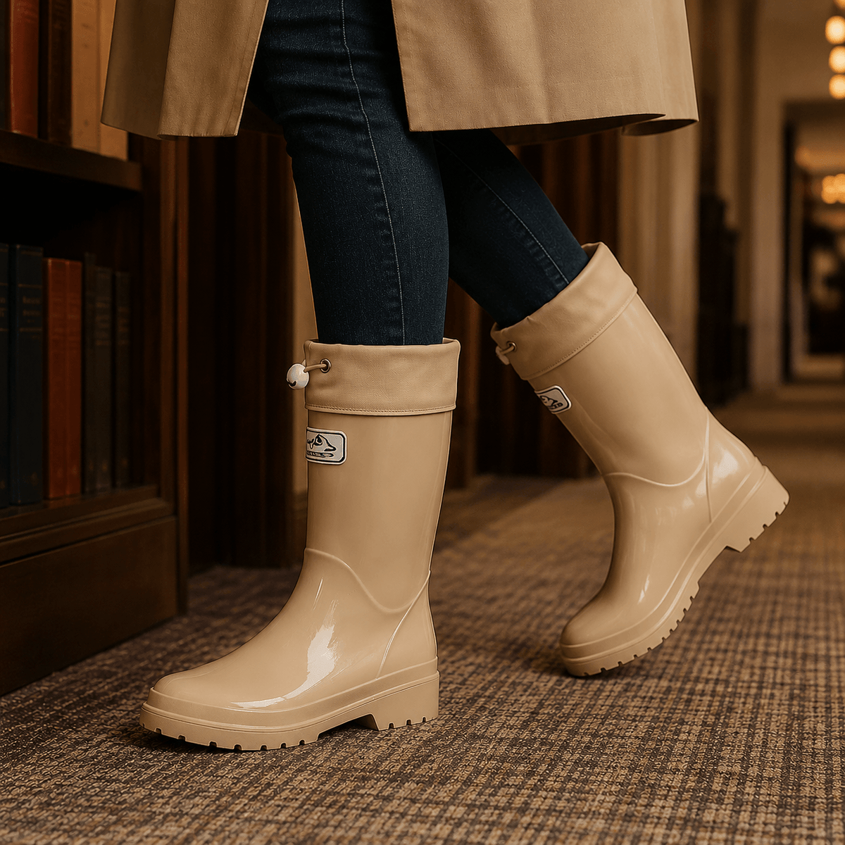 Knee-High Glossy Rubber Rain Boots with Drawstring Cuff