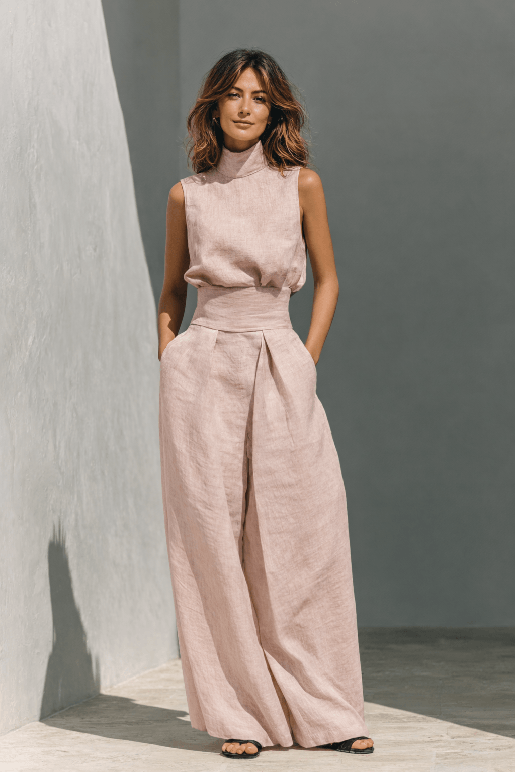 Sleeveless Mock Neck Top and Wide Leg Trouser Two Piece Set
