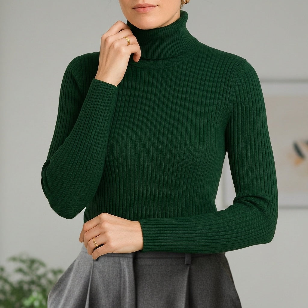 Women's Ribbed Knit Turtleneck Sweater with Long Sleeves and Slim Fit