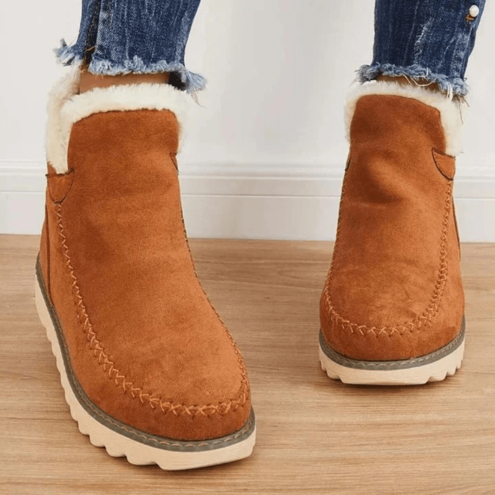 Women's Fur-Lined Suede Winter Ankle Boots with Moc-Toe Stitching