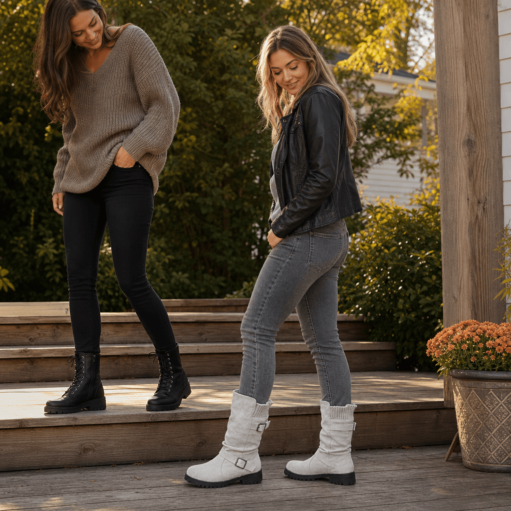 Ribbed Cuff Lug Sole Slouch Women's Boots with Suede-Look Upper