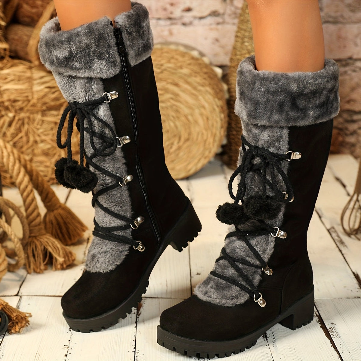 Women's Black Faux Suede Knee-High Boots with Faux Fur Trim and Lace-Up Detail