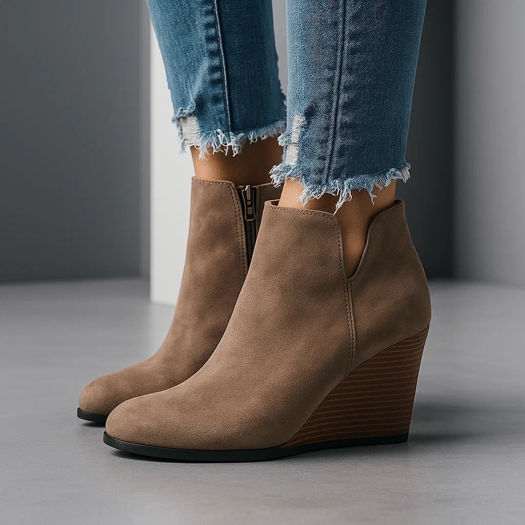 Suede Wedge Ankle Womens Boots with Side Zipper Closure
