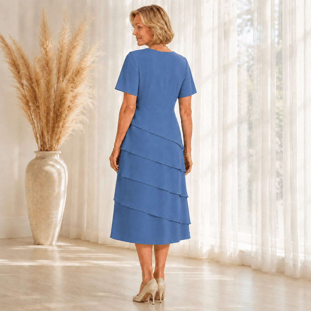 Florenza Tiered Asymmetric Chiffon-Like Women's Midi Dress with Flutter Sleeves