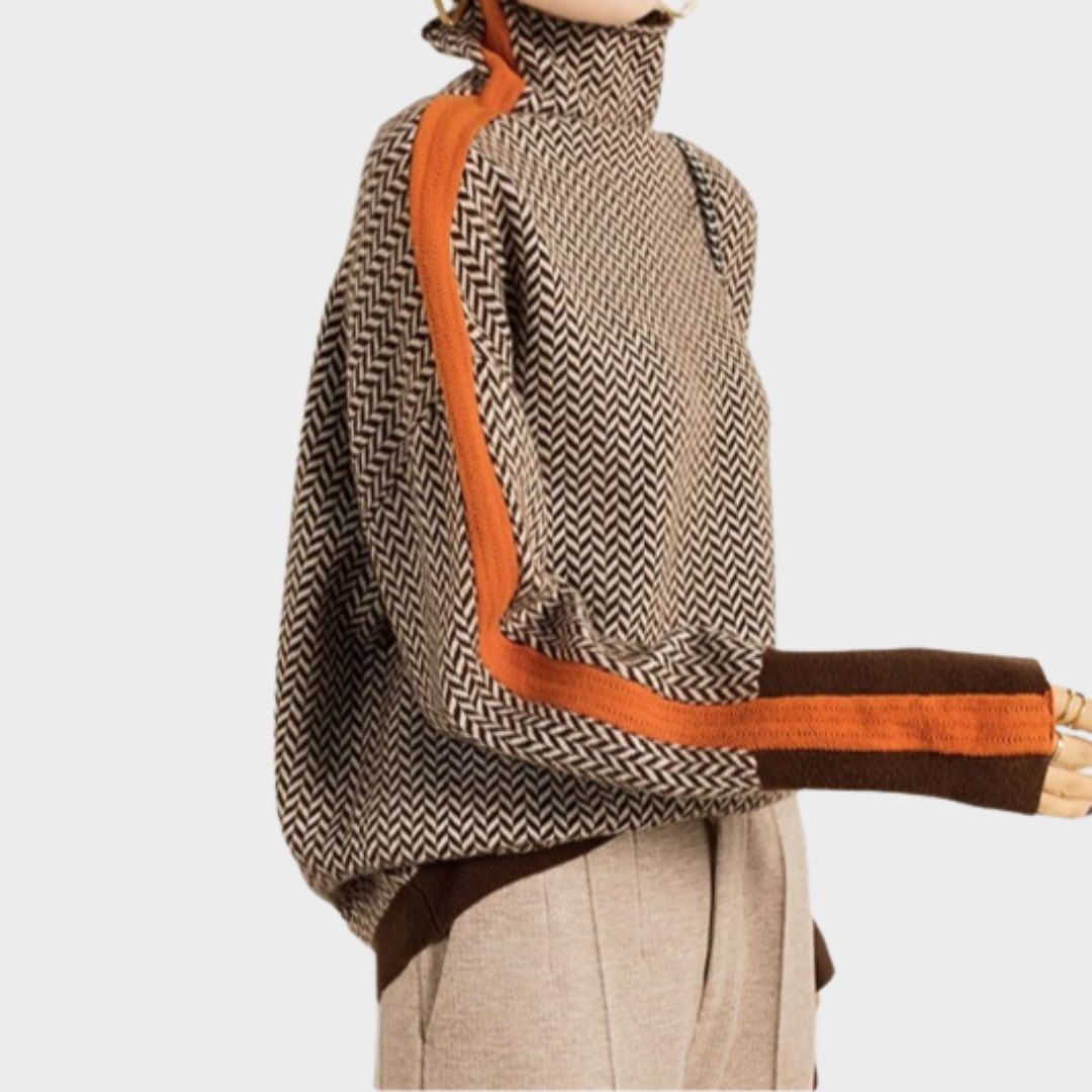 Herringbone Turtleneck Oversized Sweater with Striped Sleeve Panels