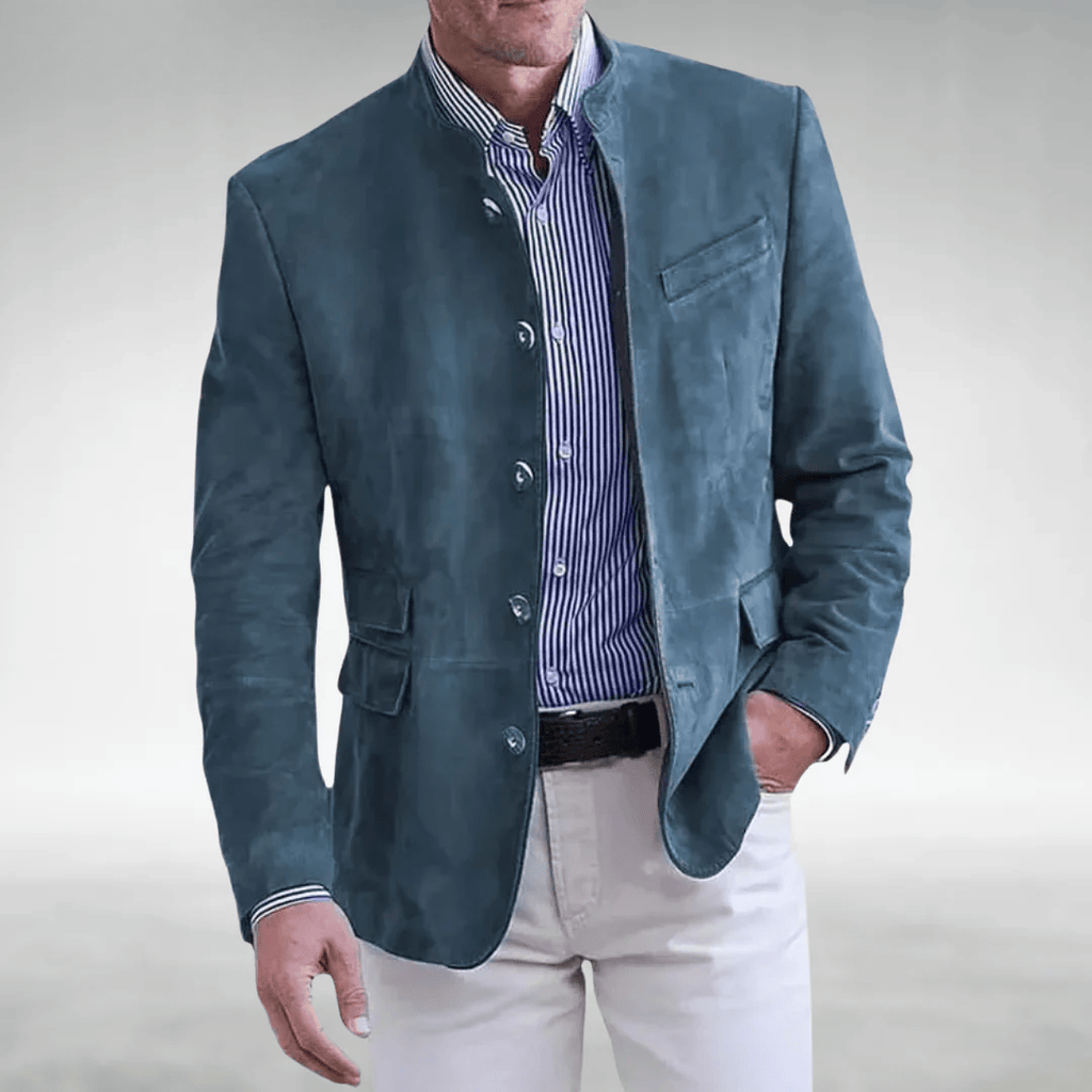 Men's Unstructured Faux Suede Blazer Jacket with Stand Collar and Flap Pockets