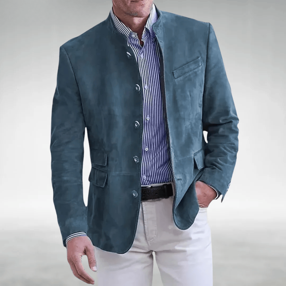 Men's Unstructured Faux Suede Blazer Jacket with Stand Collar and Flap Pockets