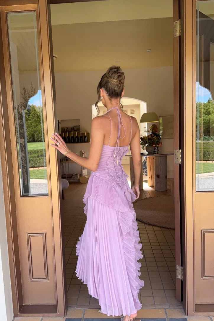 Pleated Ruffle Halter Maxi Dress for Fall Wedding Guests