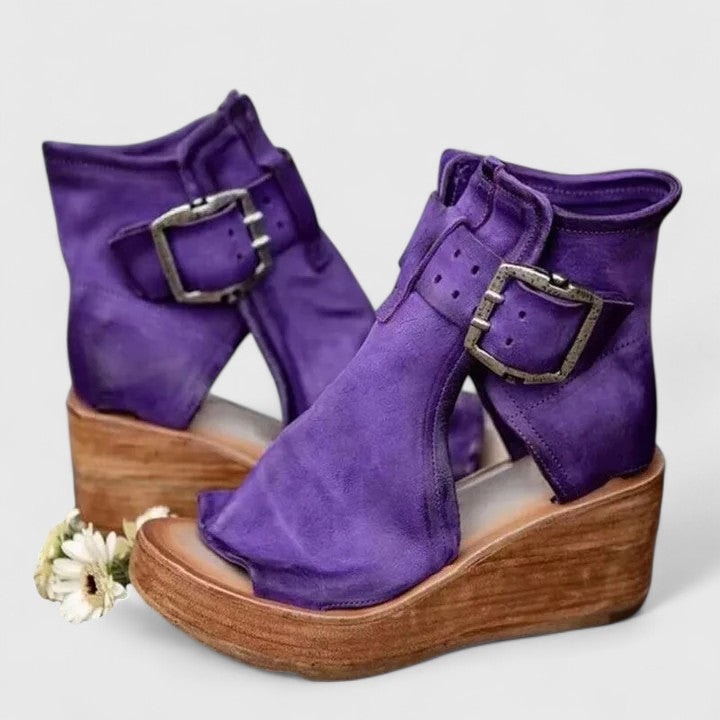 Greta Wedge Peep Toe Brown Boots with Buckle Detail