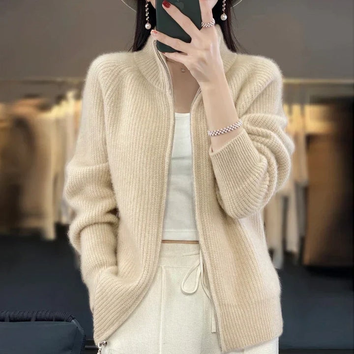 Women's Ribbed Wool Zip-Front Knitted Sweater with Relaxed Fit