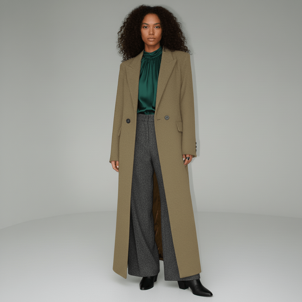 Women's Long Slim-Fit Tailored Maxi Coat with Peak Lapels and Full Lining