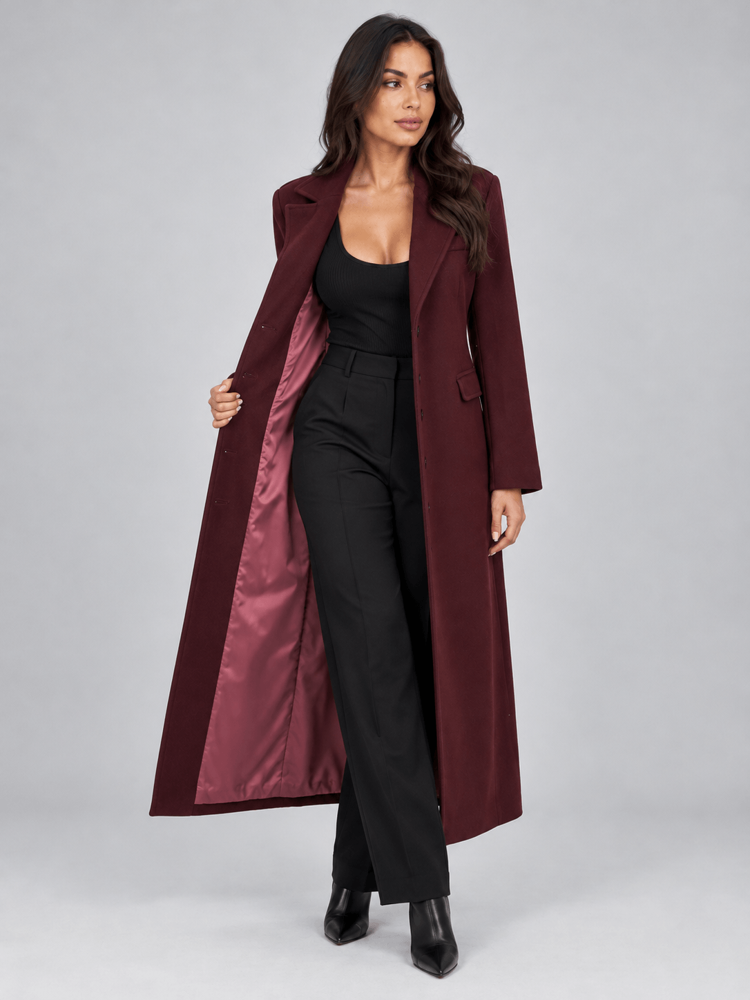 Women's Long Belted Winter Coat with Notched Lapel and Flap Pockets