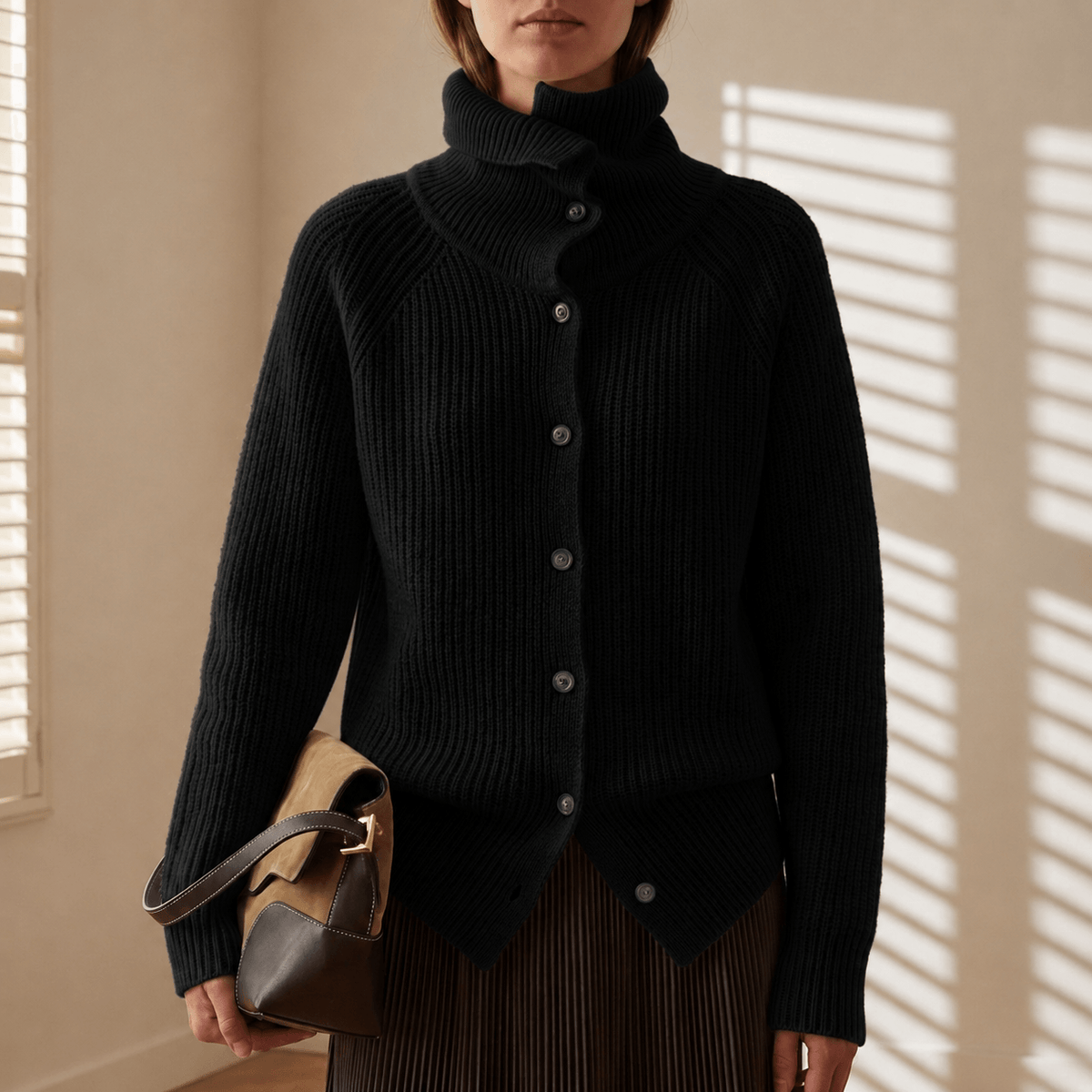 Antiparos Ribbed Turtleneck Knitted Cardigan for Women
