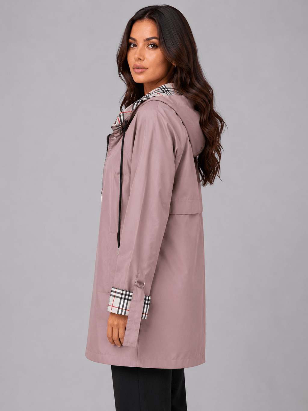 Women's Hooded Longline Rain Jacket with Check-Lined Zip Front