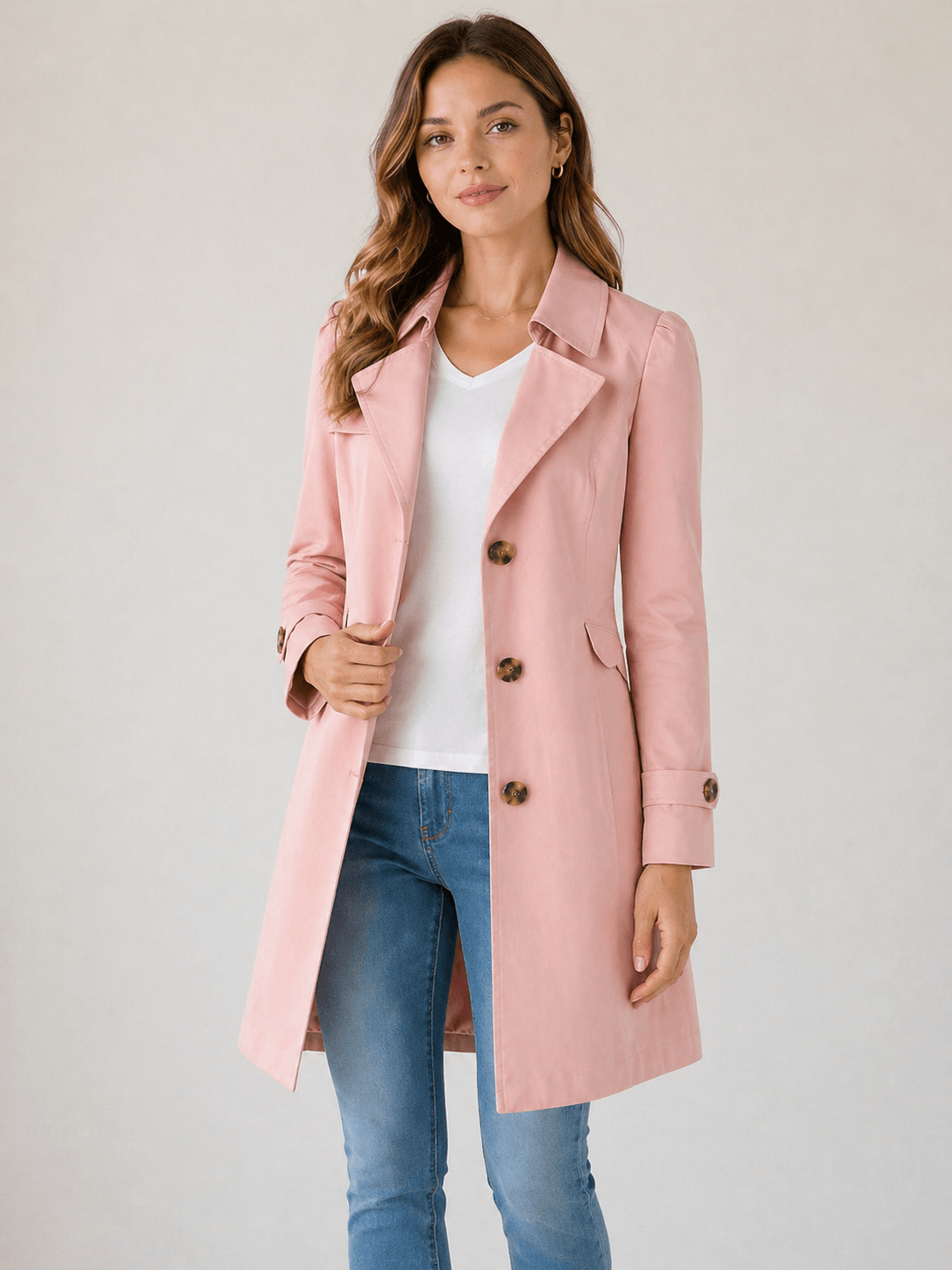 Women's Short Tailored Cotton Blend Trench Coat with Button Closure