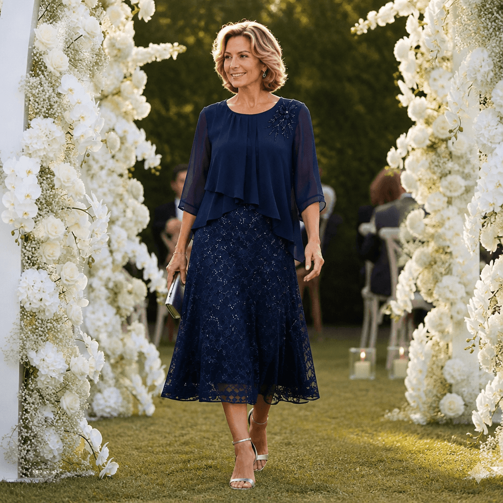 Elavine Floral Lace Overlay Chiffon Women's Midi Dress with Sheer Sleeves
