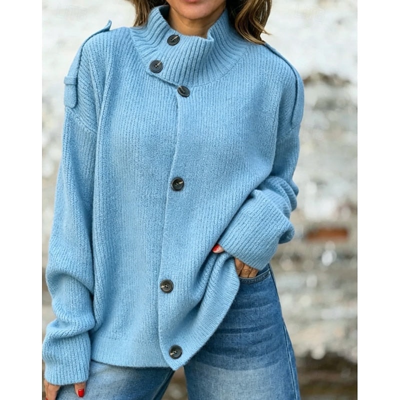 Women's Stand-Collar Knit Cardigan with Oversized Fit and Button Front