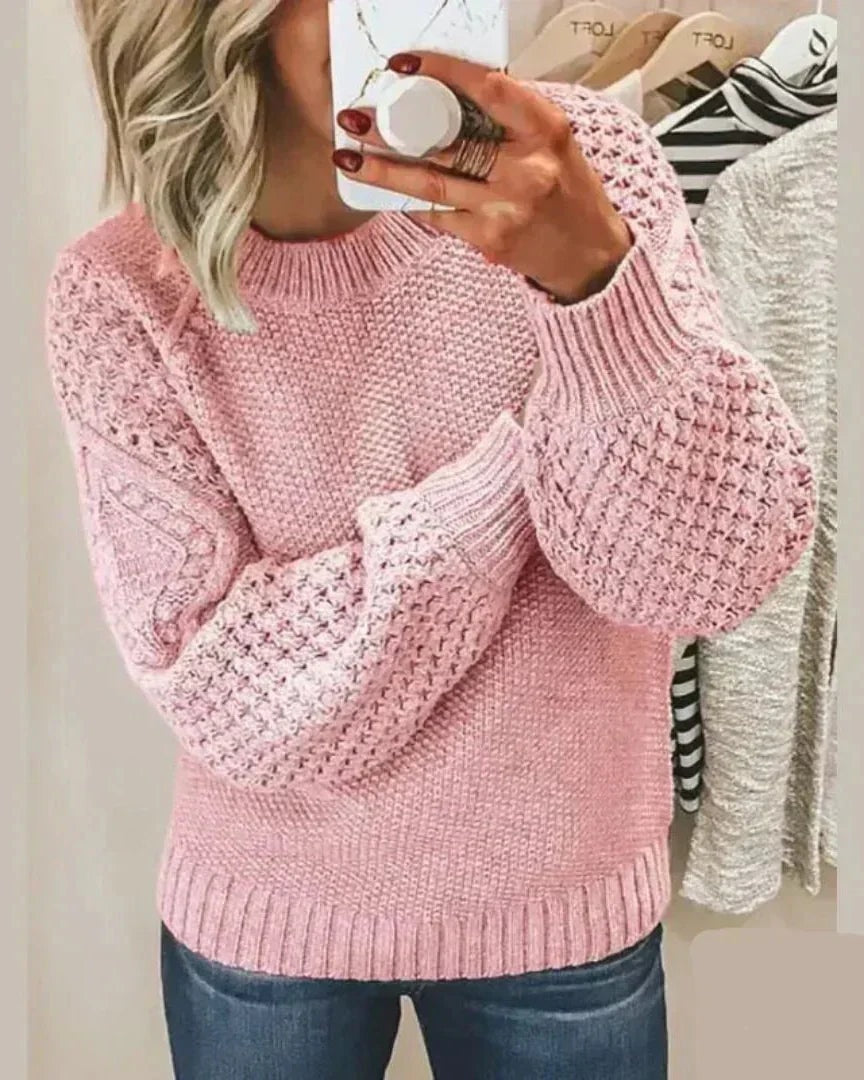 Hazel Textured Crewneck Knitted Sweater for Women with Puff Sleeves