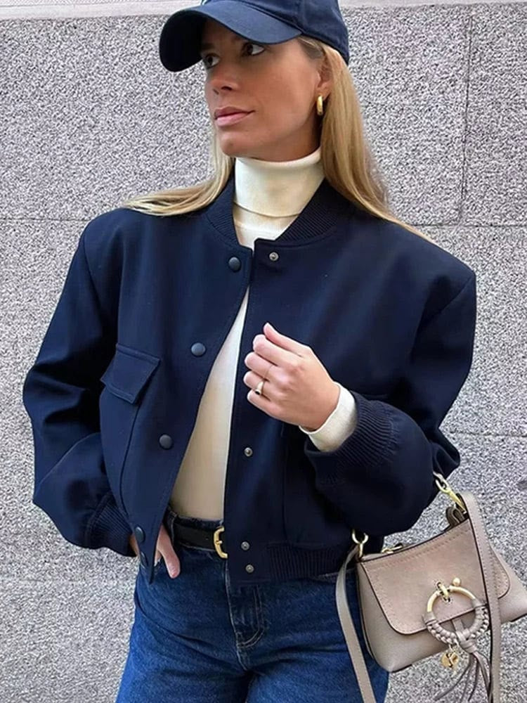 Cropped Bomber Jacket with Snap Front and Rib Knit Trim