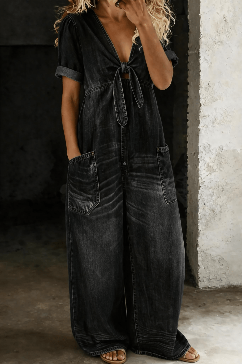 Maya Denim Tie-Front Jumpsuit with Wide Leg and Pockets
