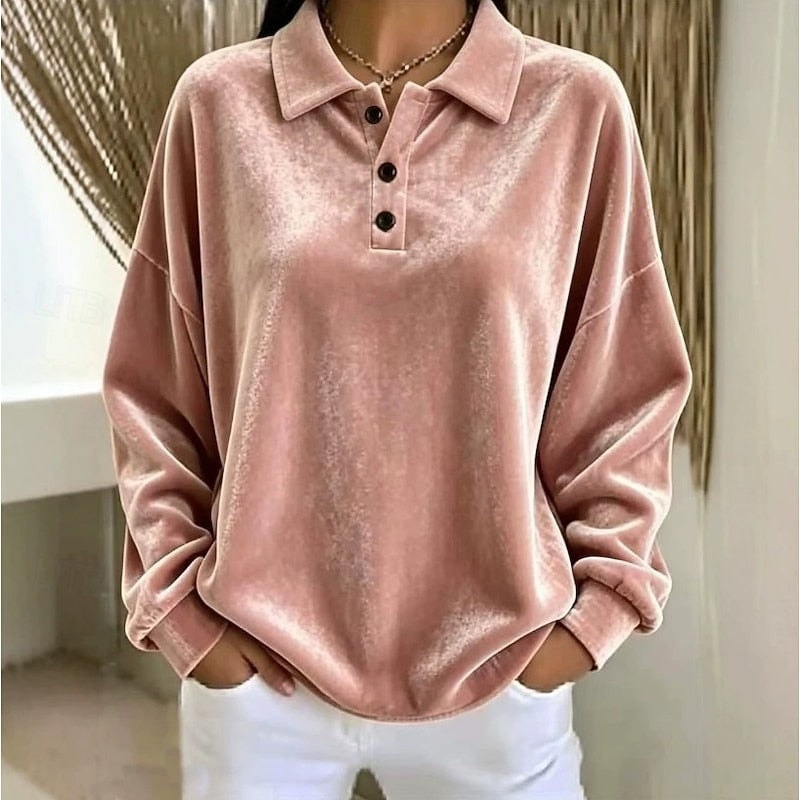 Women's Collared Sweater with Oversized Drop Shoulders and Button Placket