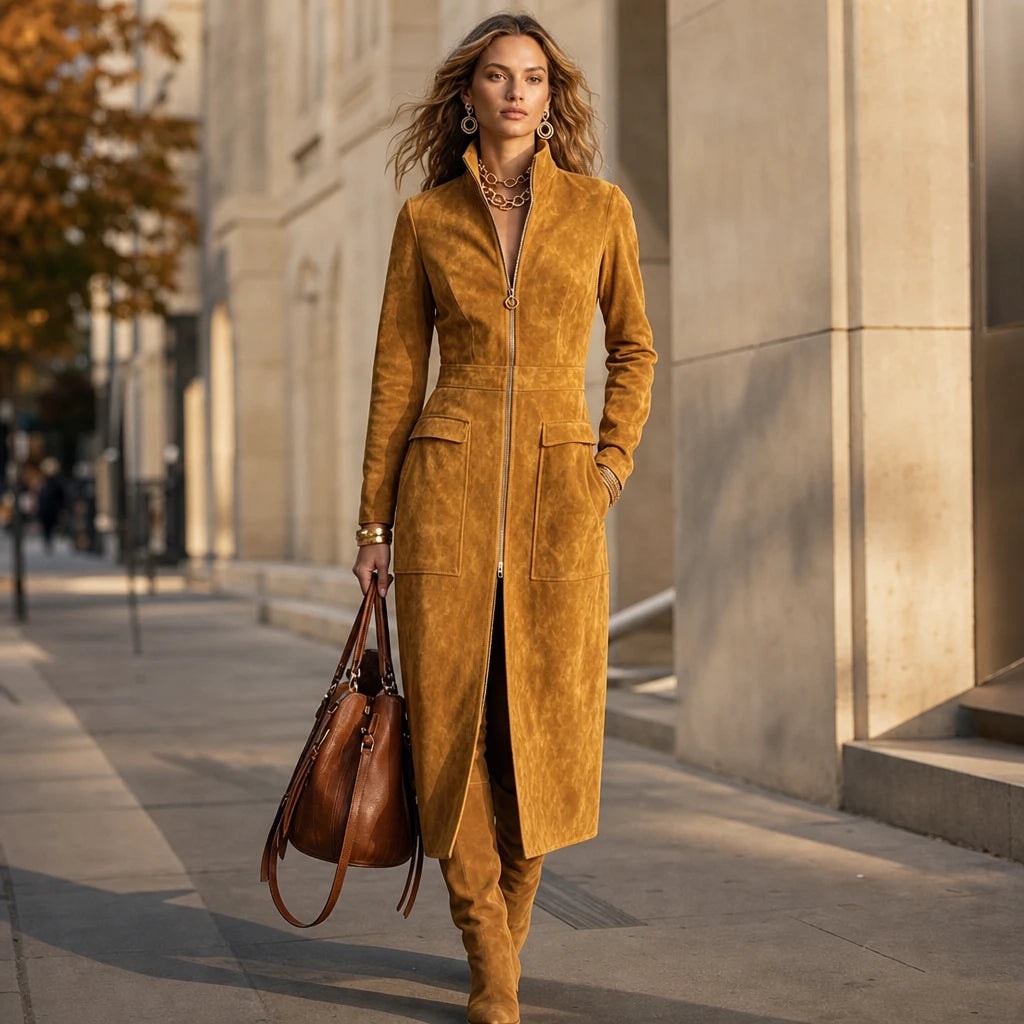 Women's Fitted Long Faux Suede Coat with Stand Collar and Full-Length Zip