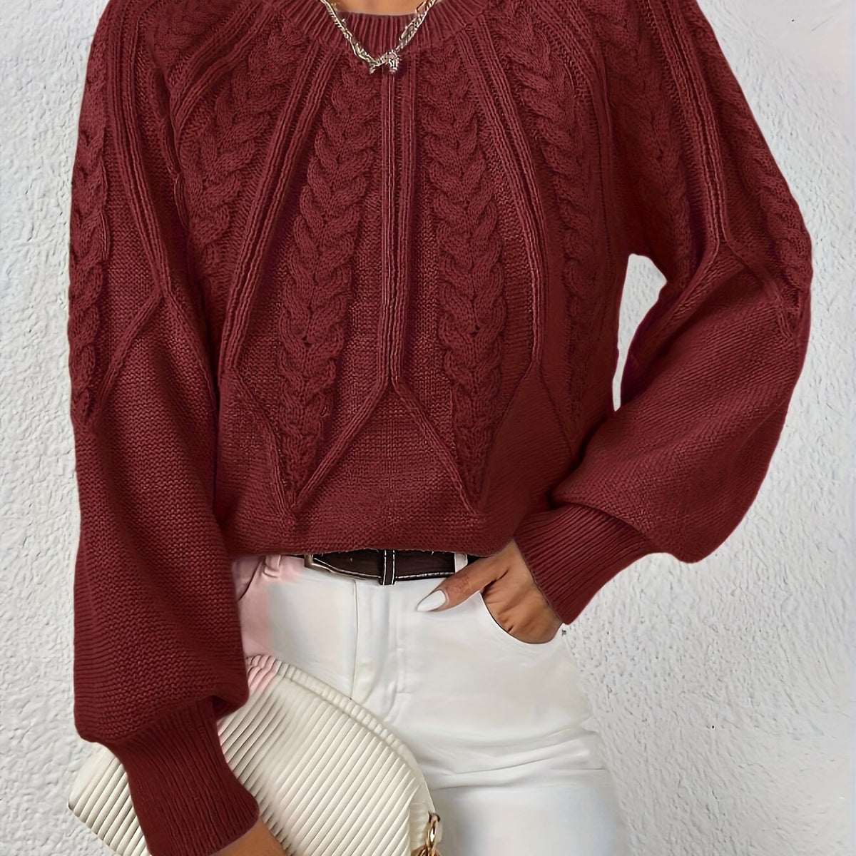 Women's Cropped Cable-Knit Sweater with Ribbed Crew Neck
