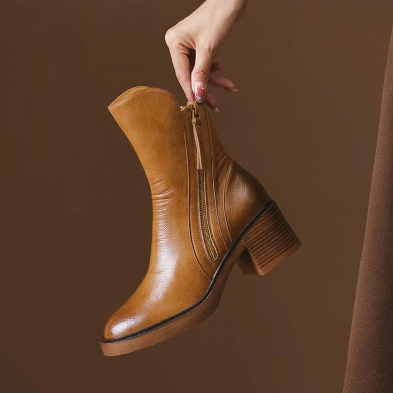 Women's Ankle Boots with Side Zipper and Block Heel in Synthetic for Fall