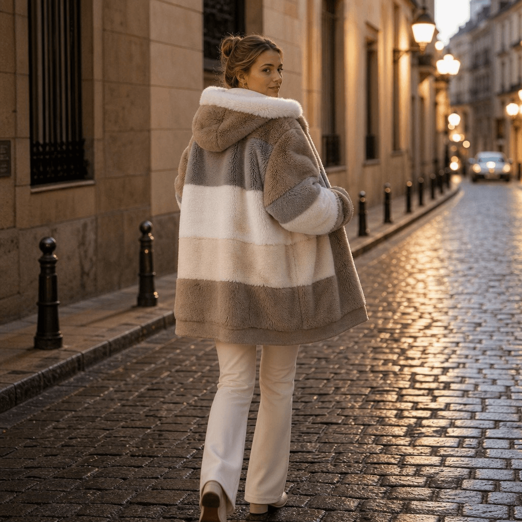 Furvella Women's Color-Block Oversized Faux Fur Hooded Winter Coat