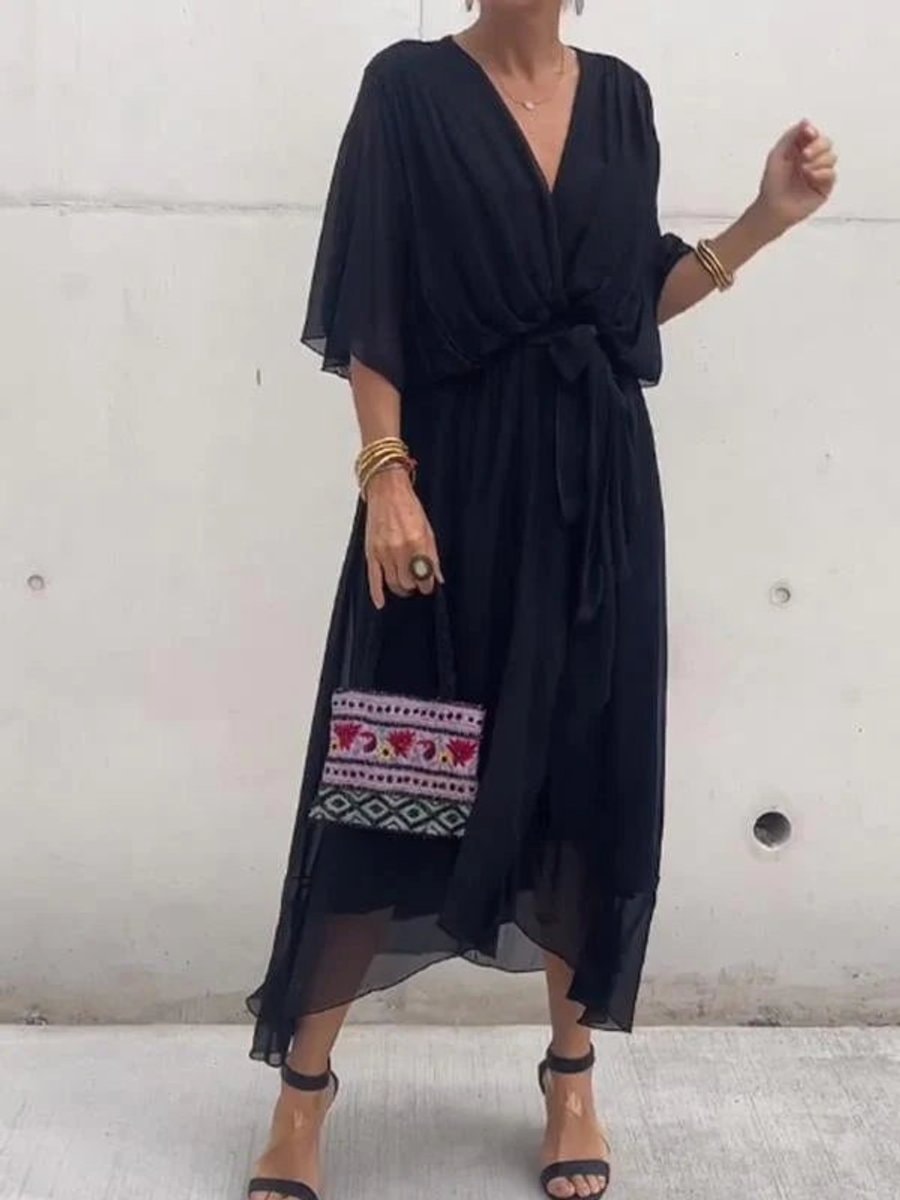 Women's Belted Chiffon Wrap Dress with V-Neck and Flowy Midi Length