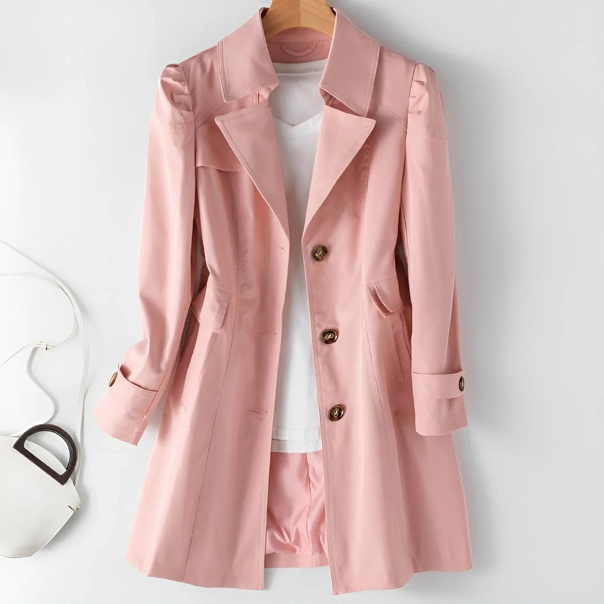 Delyth Notch-Lapel Women's Belted Trench Coat with Clean Tailored Line