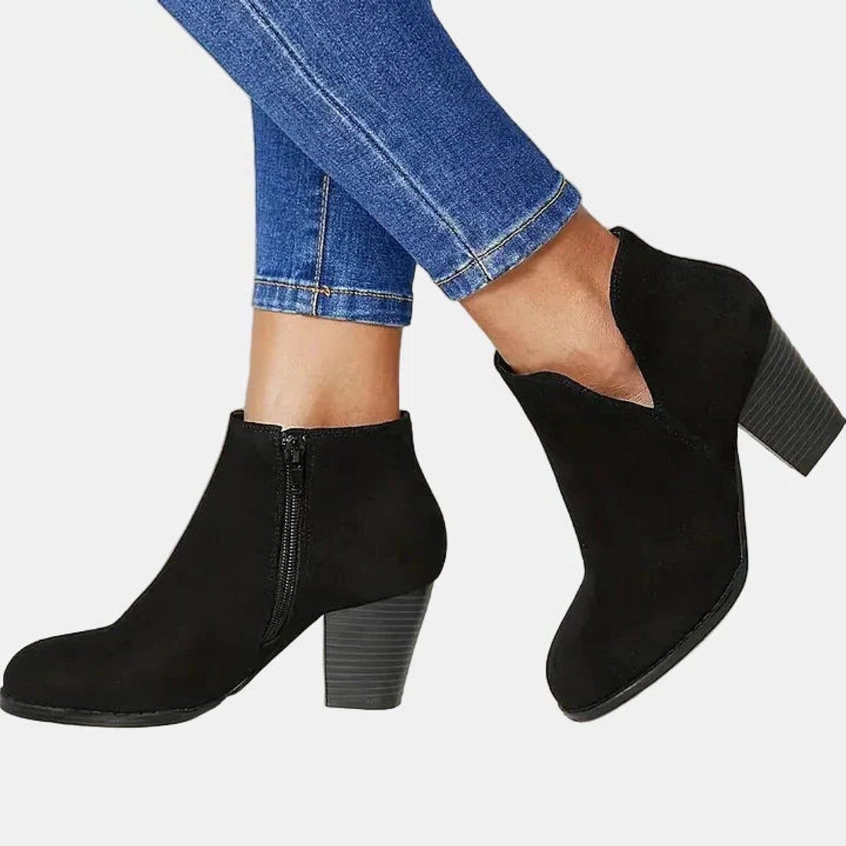 Women's Suede-Look Round-Toe Ankle Boots with Block Heel and Side Zip