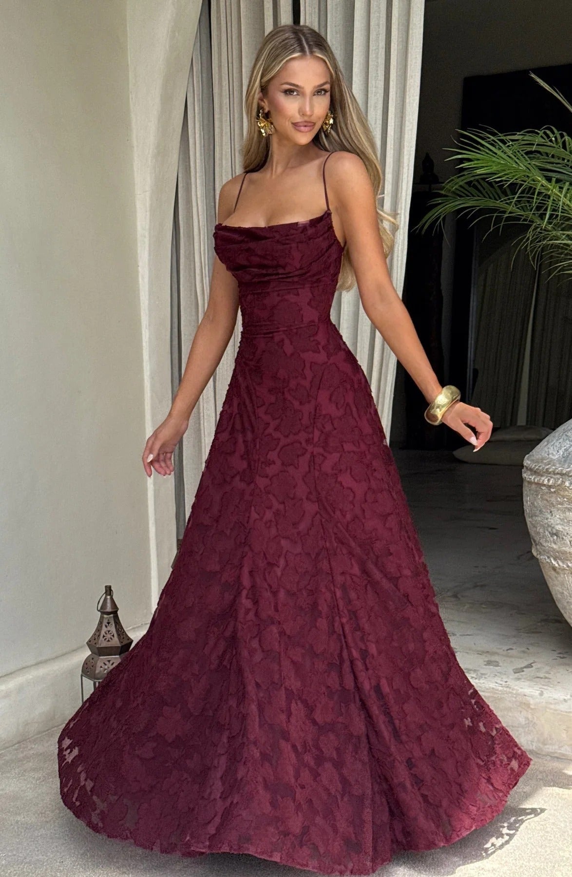 Floral Textured Maxi Dress for Fall Wedding Guest Occasions