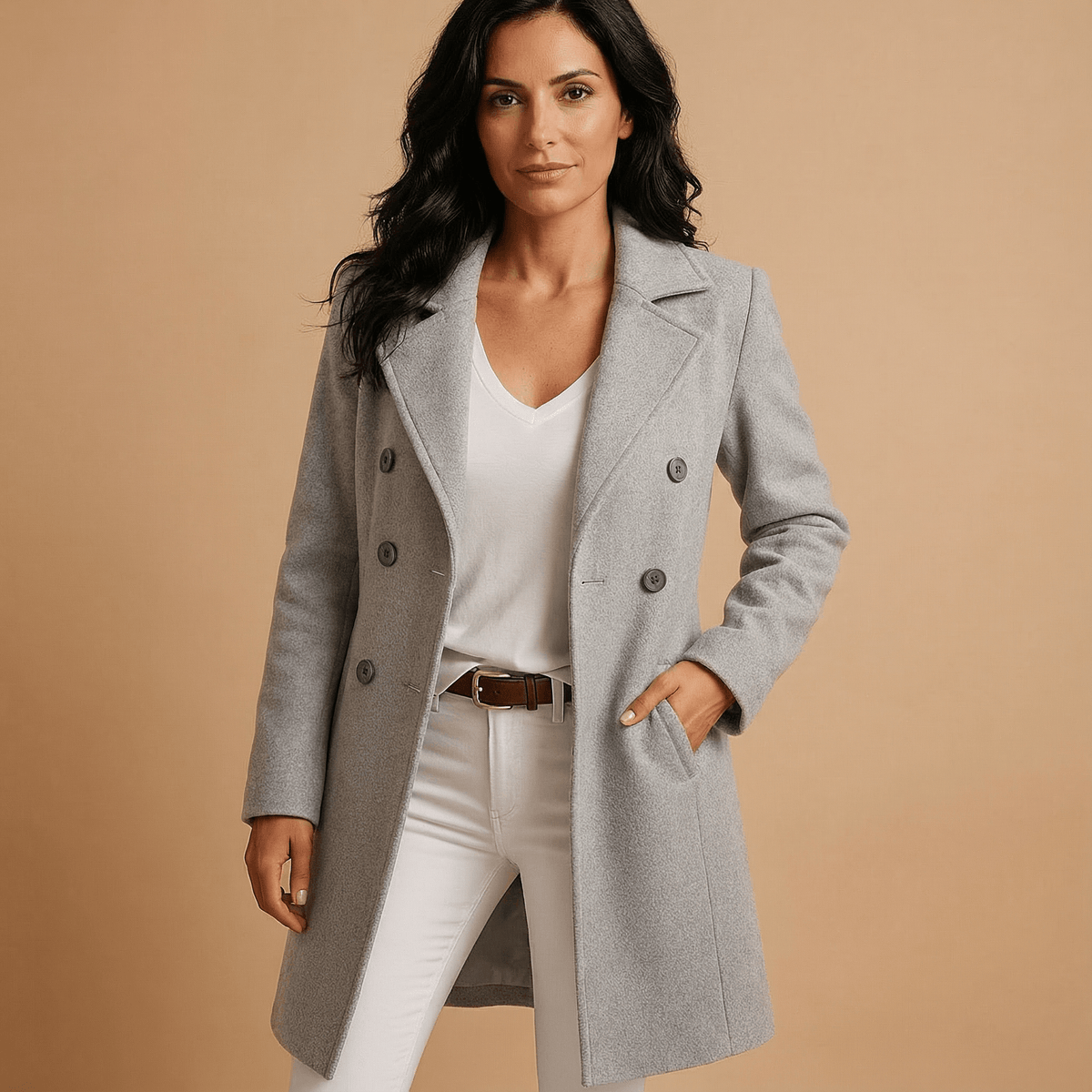 Lerrie Women's Double-Breasted Wool Blend Winter Coat with Notch Lapels
