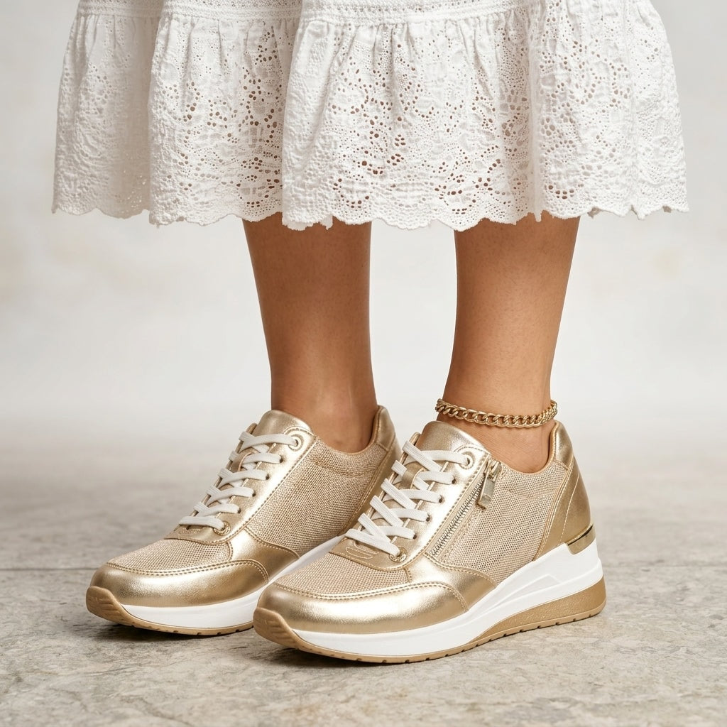 Chloe Women's Leather Platform Lace-Up Sneakers with Cushioned Sole