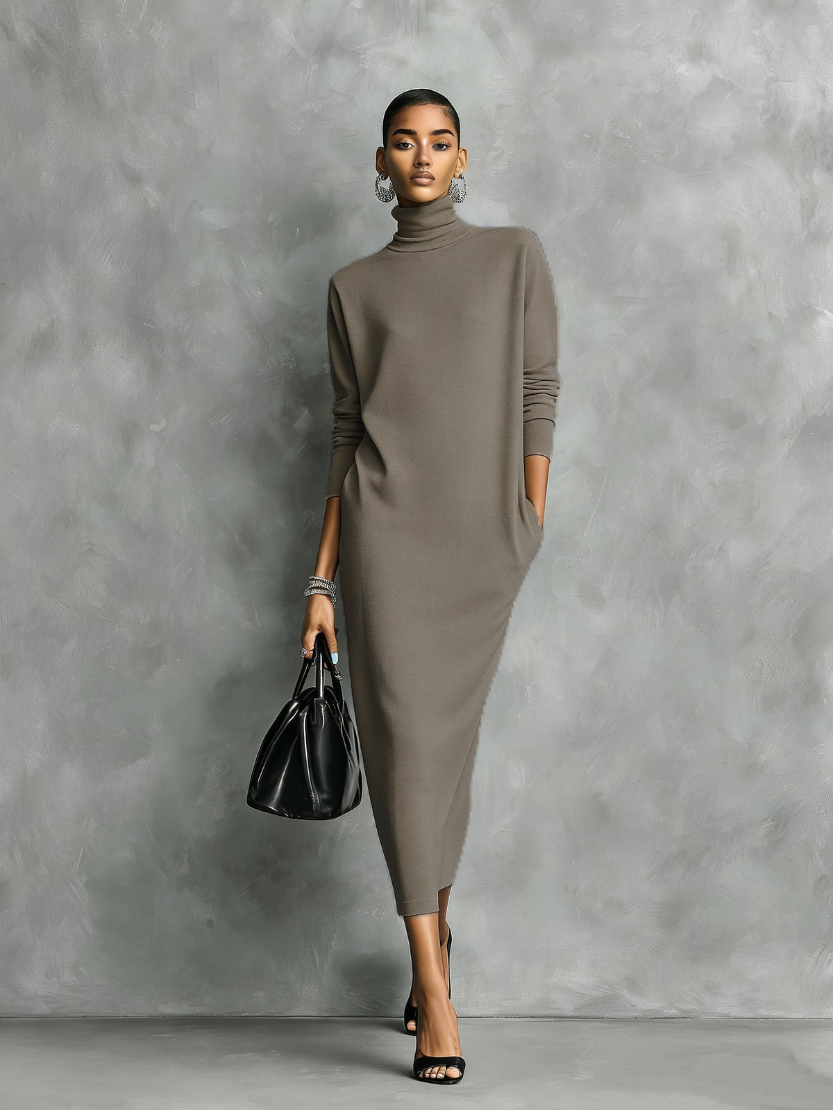 Maelys Turtleneck Knit Sweater Dress with Midi Length