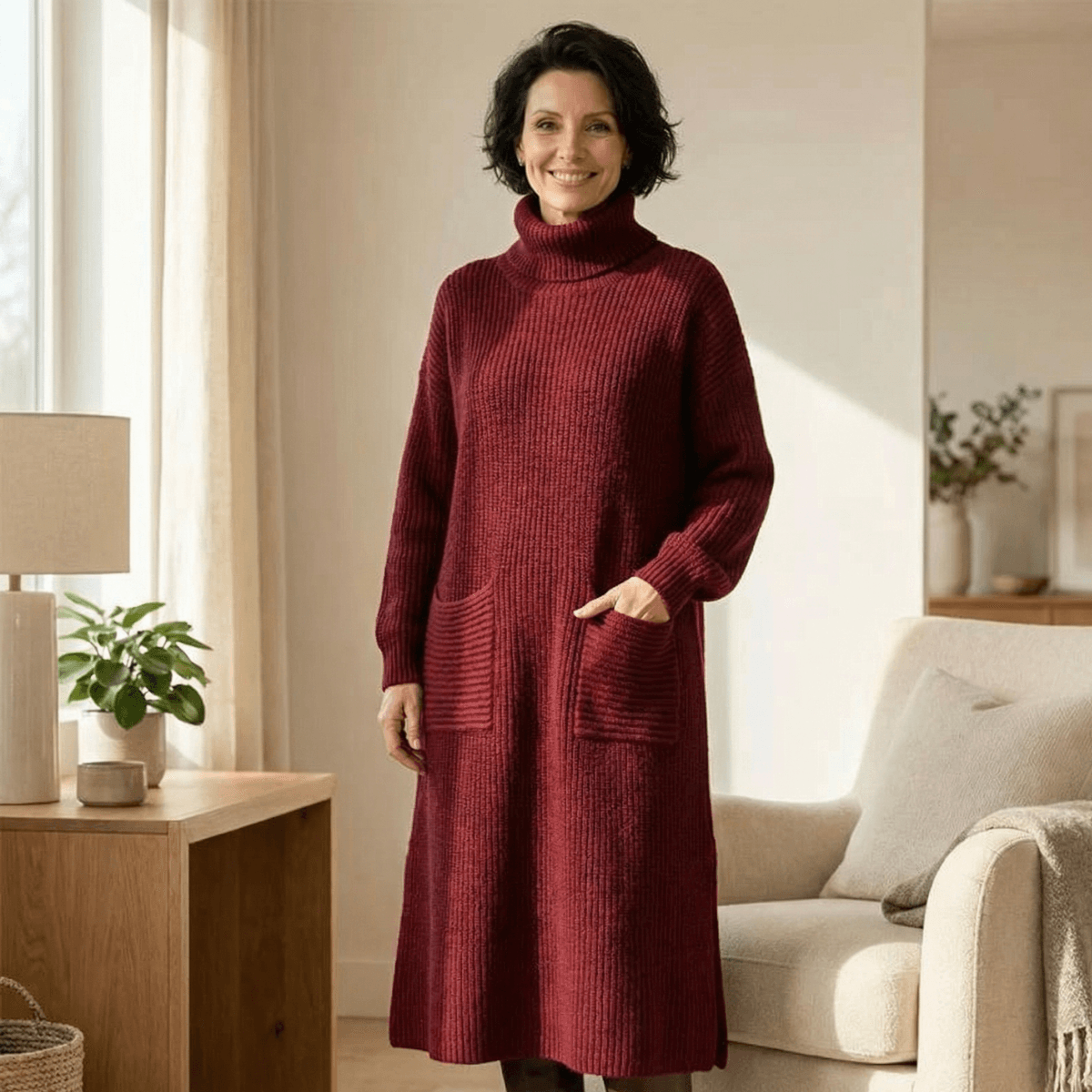 Velara Women's Relaxed Turtleneck Knitted Sweater Maxi Dress with Pockets